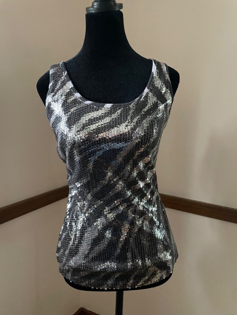 Vintage Cache Zebra Sequin Tank Y2K Silver Black Top S Mobwife Glam Maximalist